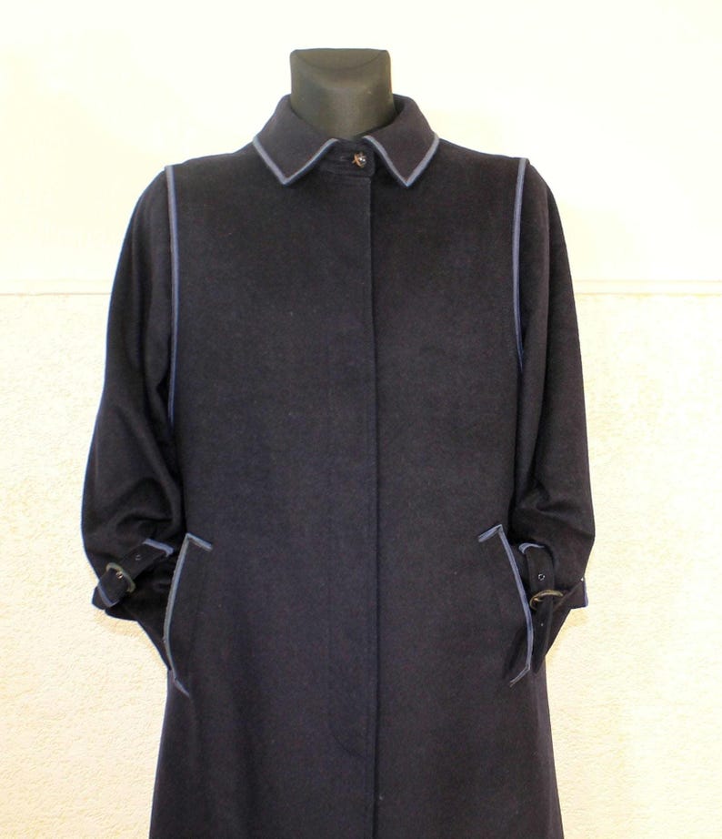 Vintage 80s Navy Wool Tyroler Loden Overcoat - Gothic Style Winter Trench for Women, Medium Size