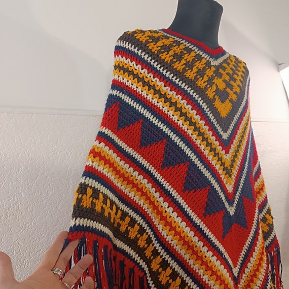 Multicolored Wool Poncho Size Medium, Crochet Pon… - image 8