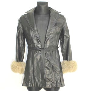 Vintage Black Leather Penny Lane Trench Coat with Faux Fur Cuffs and Belt - Medium Size