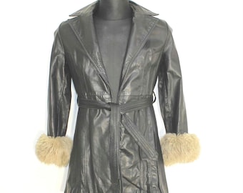 Vintage Black Leather Penny Lane Trench Coat With Faux Fur Cuffs