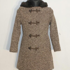 Wool Trench Coat Brown frog toggles Tweed with Faux Fur Hood, Medium Size Winter Outerwear