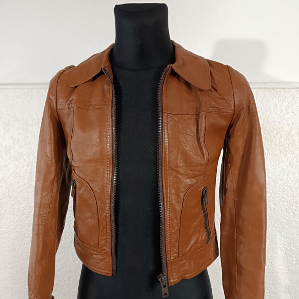 Veste en cuir courte, veste recadrée vintage des années 70, veste en cuir Tan, veste bombardier en cuir Unisexe, veste Safari Taille XS / Petite