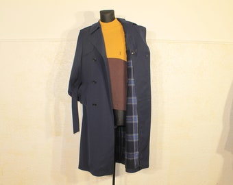 Wool Trench coat, Navy Wool coat, Tartan coat, Belted Coat, Wool Overcoat Plaid liner, Vintage Trench coat Men, Detective coat Size XLarge