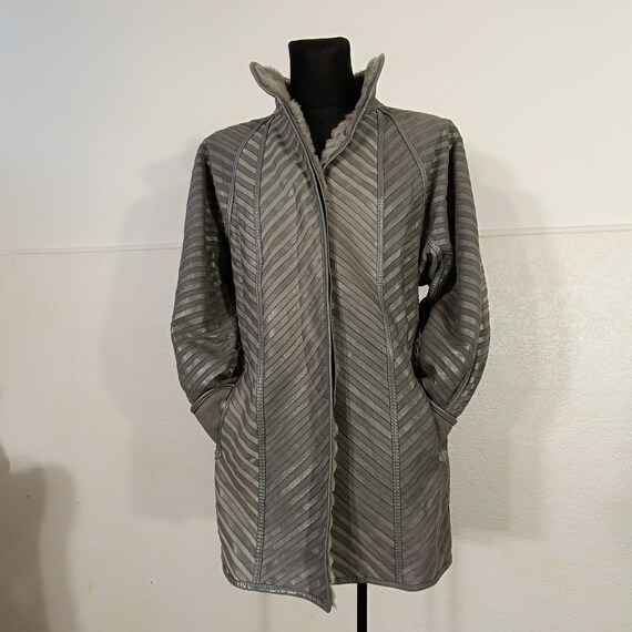 Gray Leather Coat Women, vintage striped coat, Wo… - image 8