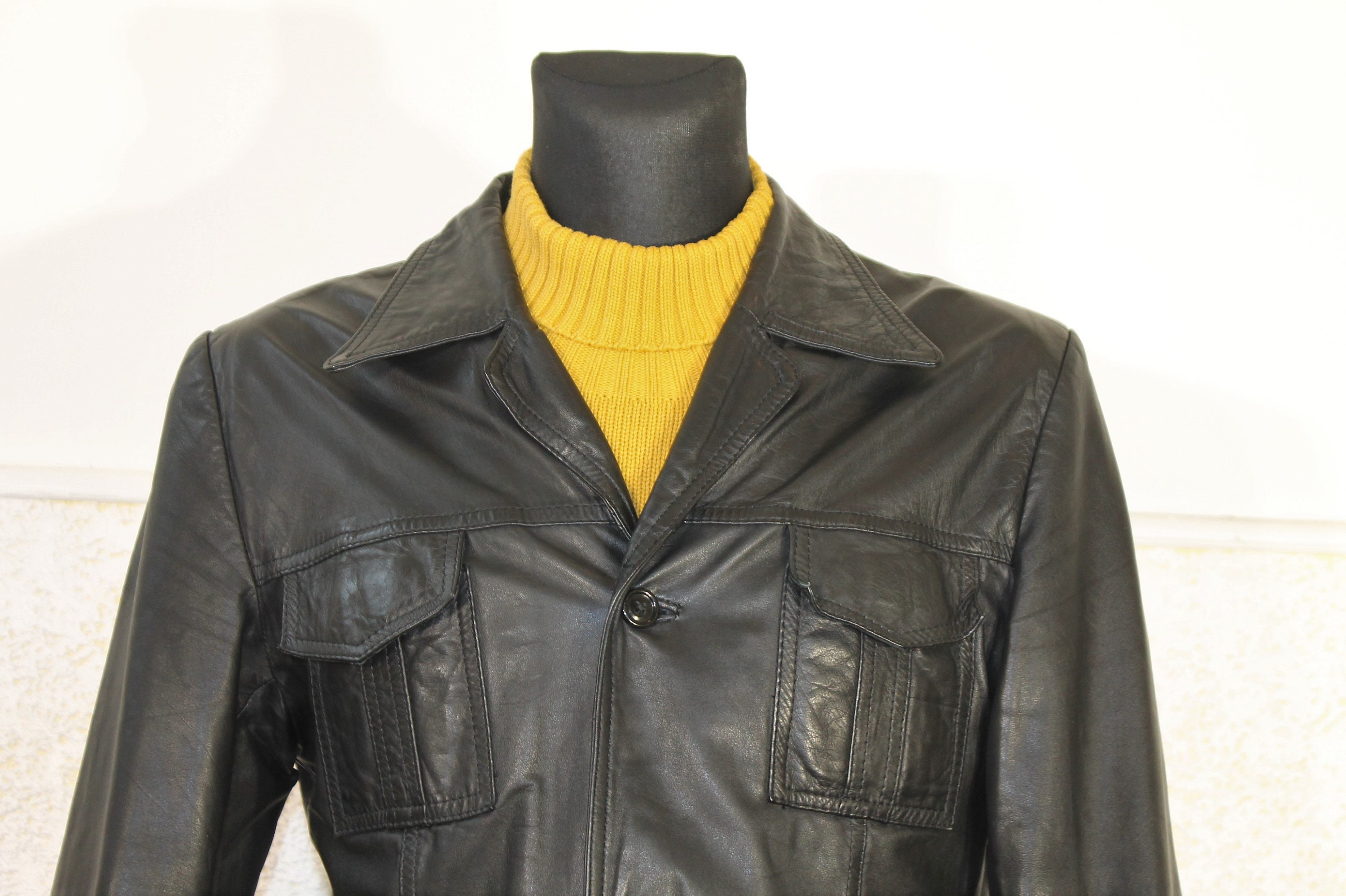 Vintage Leather Jacket, Black Leather Jacket, 70s Leather Jacket Men, Detective Jacket