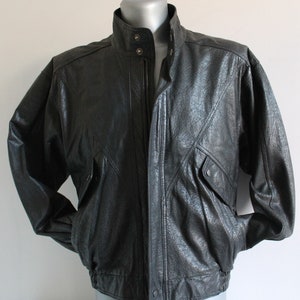 Vintage Italian 80s Black Leather Motorcycle Bomber Jacket with Plaid Liner Size L