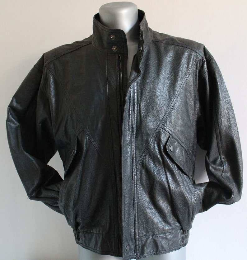Vintage Italian 80s Black Leather Motorcycle Bomber Jacket with Plaid Liner Size L