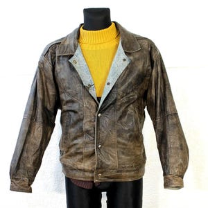 Bomber Leather Jacket Vintage 80s Distressed Double Sided Denim Medium