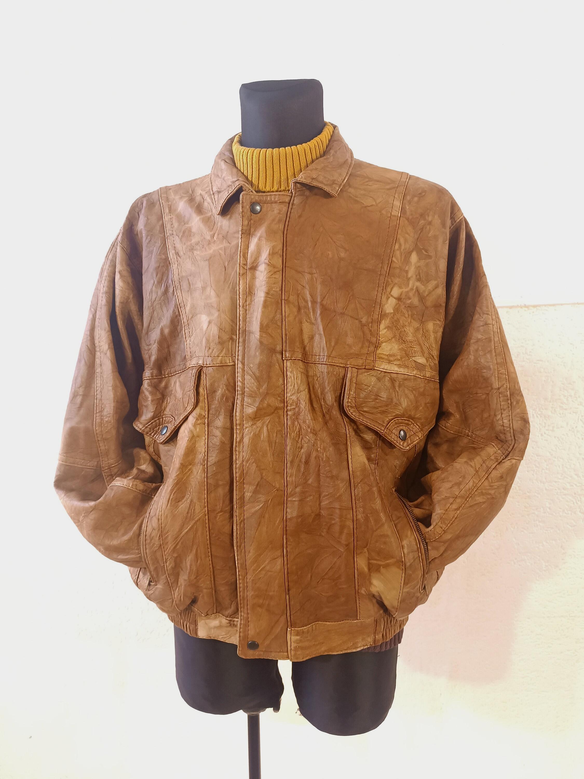 Blouson En Cuir Marron Vintage Années 80 - Taille L, Style Bomber, Occasion Très Bon état