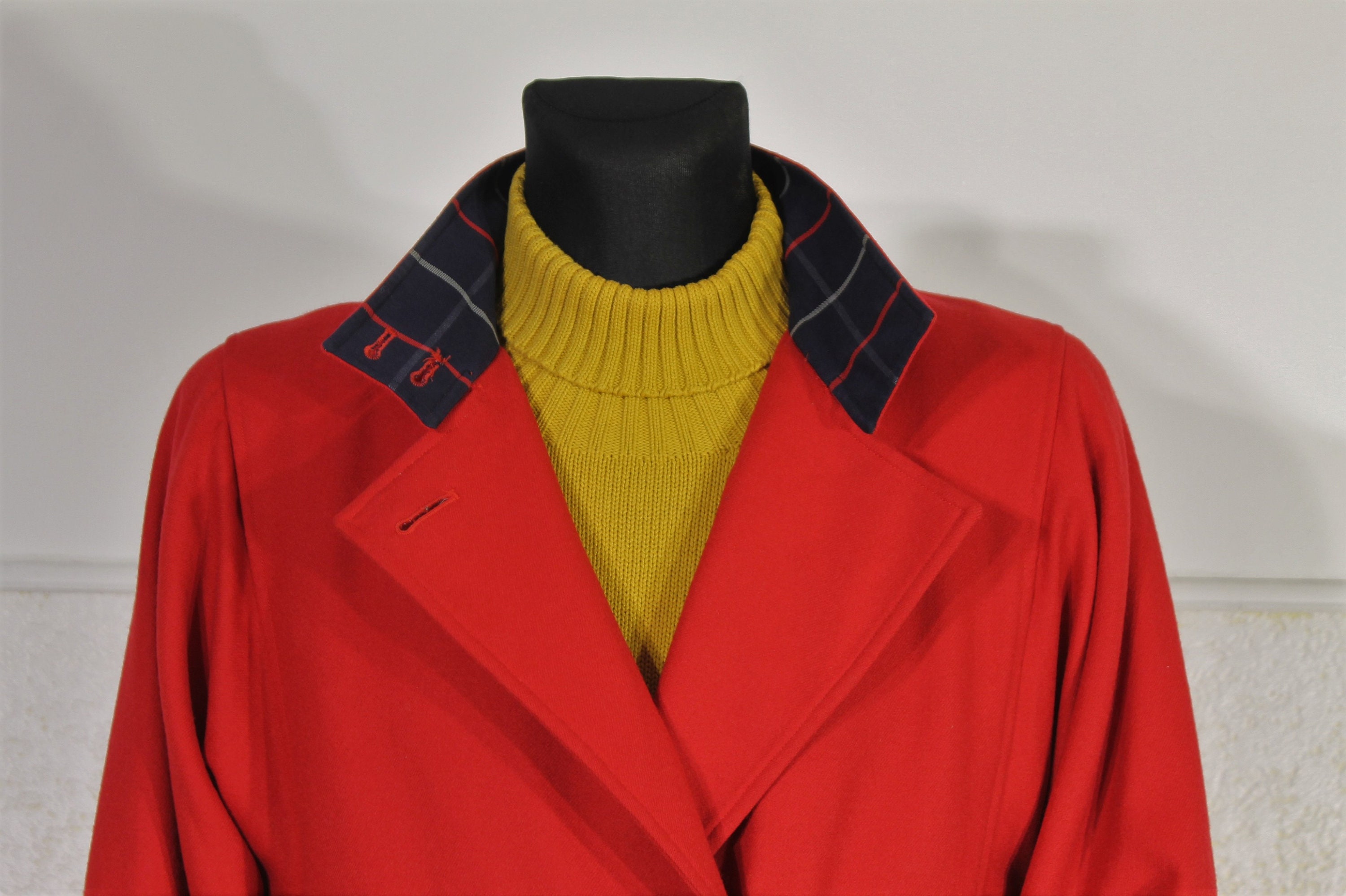 Vintage Burberry Women's Red Wool Trench Coat With Checkered Liner