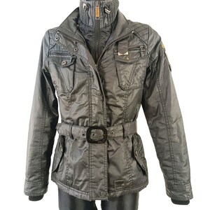 Veste en coton ciré noir : Khujo, ceinturée, matelassée, taille M femme