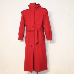Vintage Red Wool Trench Coat with Hood - Long Belted Winter Overcoat, Large Size
