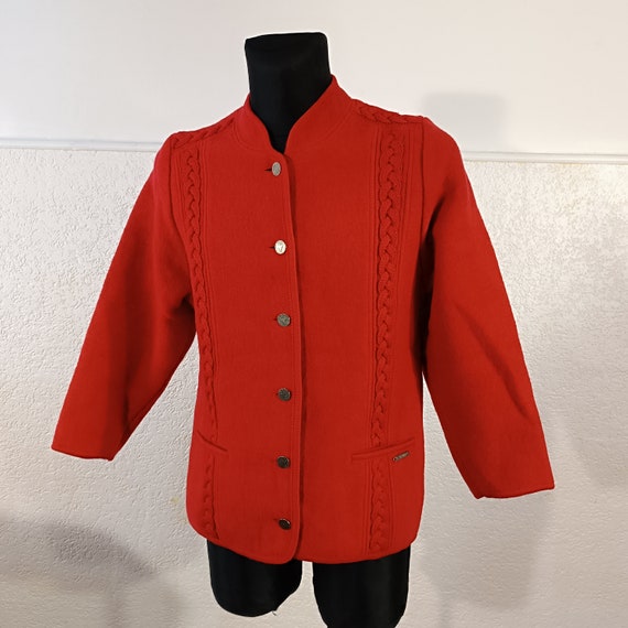 Red Boiled Wool Jacket, Cable wool cardigan Vinta… - image 1