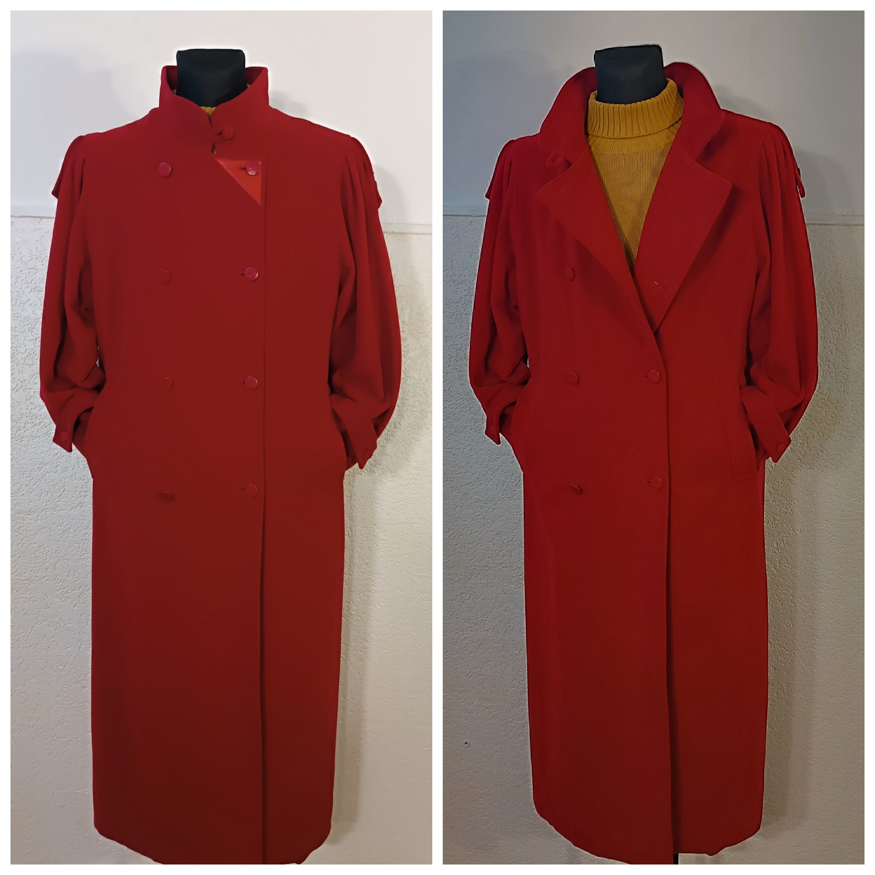 Vintage Red Wool Double-breasted Maxi Trench Coat - Full