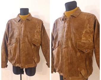 Distressed-Lederjacke, braune Bomberjacke, A2-Jacke, Motorradjacke, 80er-Jahre-Vintage-Lederjacke, Bikerjacke, Cafe Racer-Jacke M