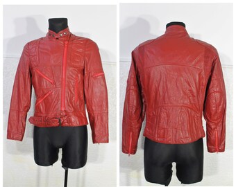 Michael Jackson Jacket, Red Leather jacket, vintage Motorcycle Jacket, Biker Jacket, Belted Leather jacket, Short Jacket, Retro Jacket M