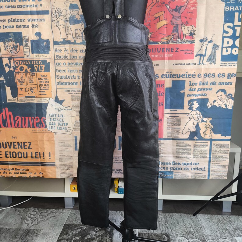 Black Biker Overalls Women Vintage Leather Pants, Black High-Waist Motorcycle Style, 40 Large Size
