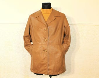 Vintage Leather Jacket Tan Brown Real 80s Safari Blazer Size L