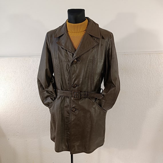70s Vintage Brown Leather Trench coat, Belted tre… - image 1