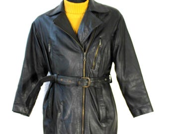 motorcycle jacket Black Leather Belted Long Coat Women’s Medium