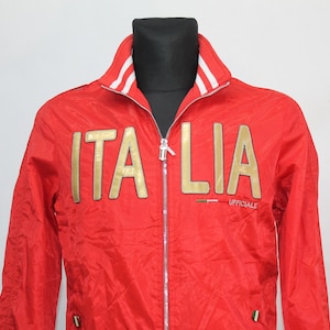 Italian Football Team Jacket: Red Nagata Streetwear with Patches, Small Size Casual Unisex Flag Design