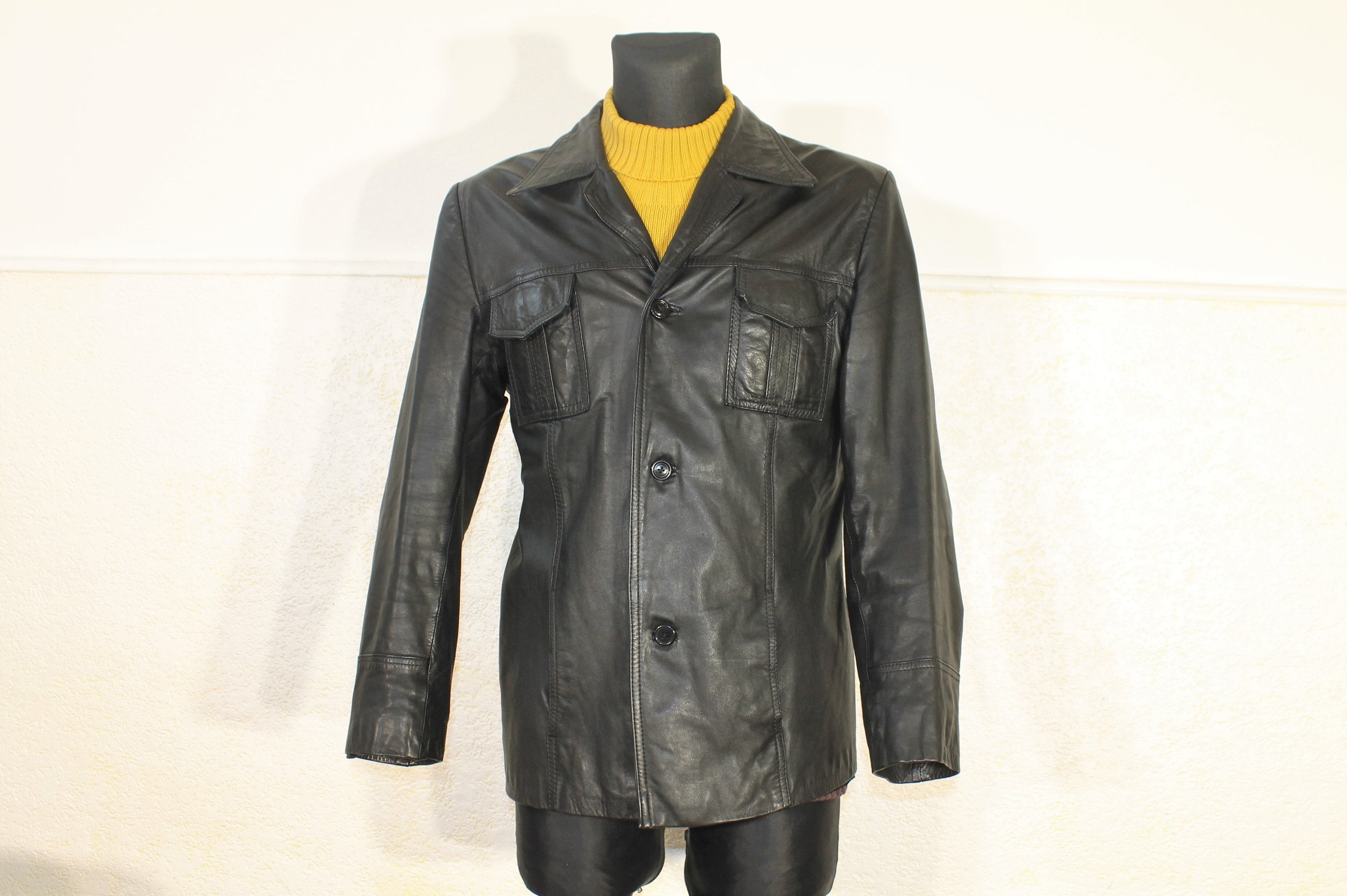Vintage Leather Jacket, Black Leather Jacket, 70s Leather Jacket Men, Detective Jacket