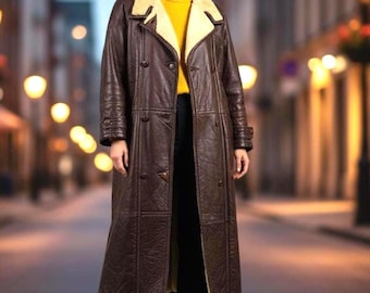 Sheepskin Coat Women’s Large: Vintage Double Breasted Lambskin Long Winter Coat