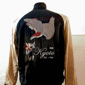 Reversible Sukajan Japanese-Inspired Embroidered Eagle Bomber Jacket - Black Kyoto Style Sweatshirt (Size M)