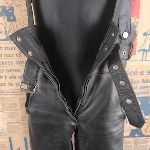 Black Biker Overalls Women Vintage Leather Pants, Black High-Waist Motorcycle Style, 40 Large Size