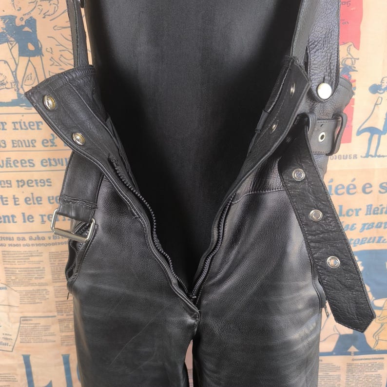 Black Biker Overalls Women Vintage Leather Pants, Black High-Waist Motorcycle Style, 40 Large Size