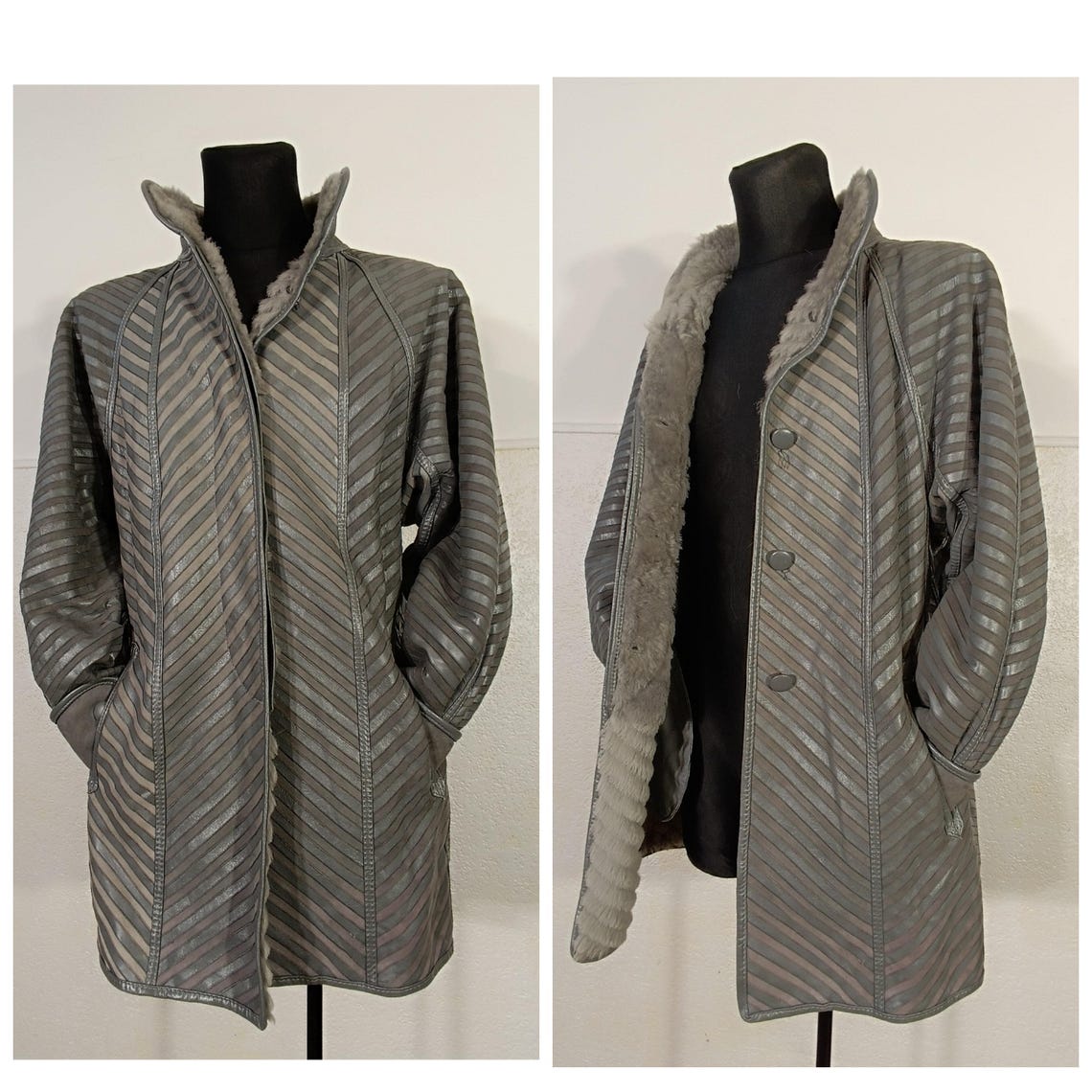 Leather Coat Grey Striped Vintage: Warm Winter Trench Medium Size, foto 2 de 5