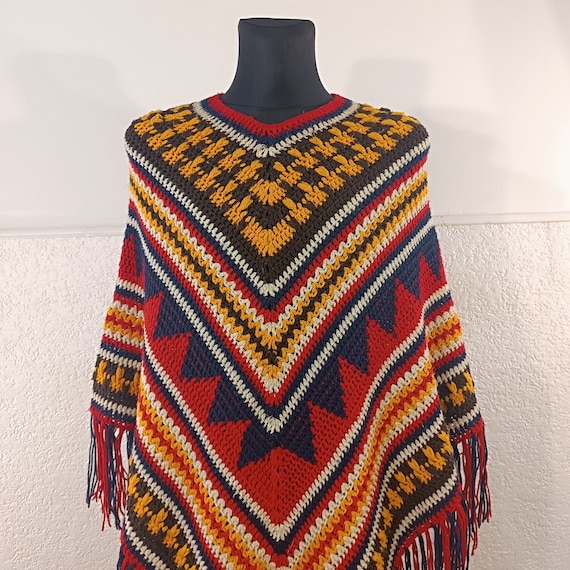 Multicolored Wool Poncho Size Medium, Crochet Pon… - image 1