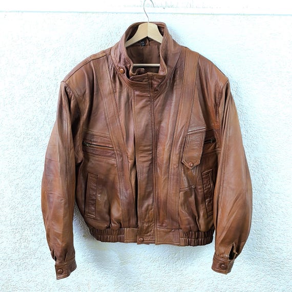 Brown Leather Jacket Distressed Biker Safari Coat for Men - Large