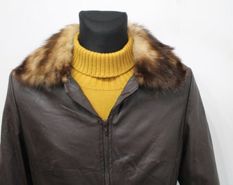 Leather Jacket fur collar, 70s Vintage Fox Fur Collar Jacket, Brown Leather Jacket, winter jacket fur Collar Women, Retro Jacket Size Medium