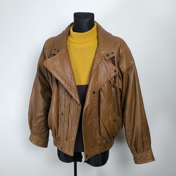 Vintage 80s Camel Leather Bomber Jacket for Men - Medium Size With