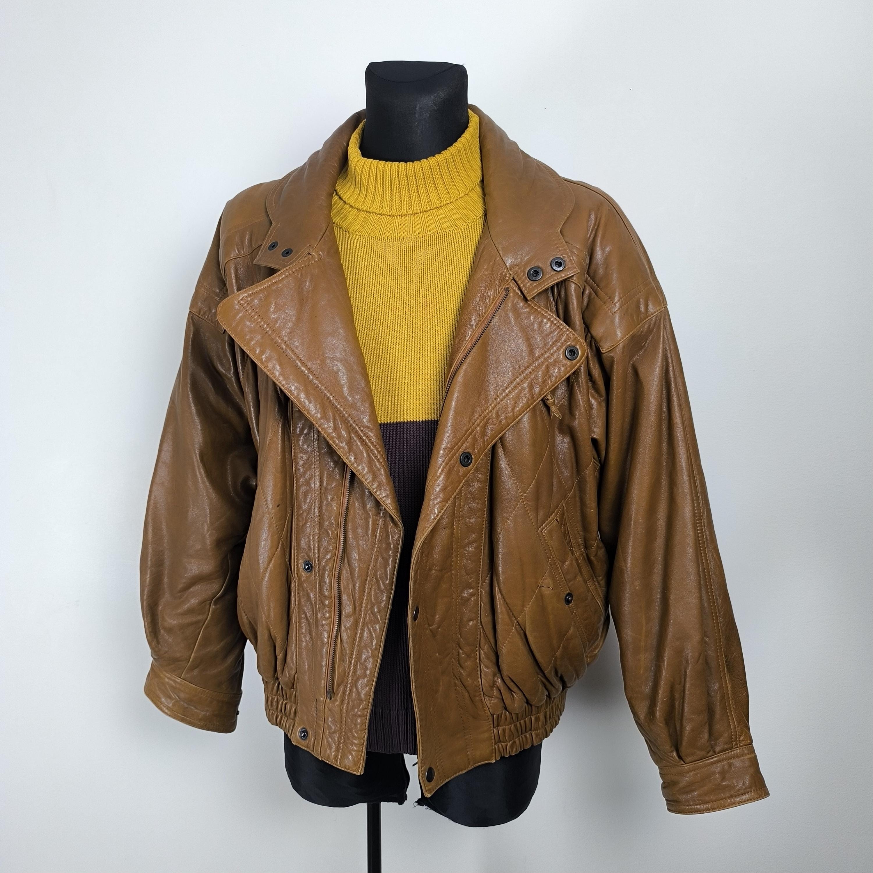 Vintage 80s Camel Leather Bomber Jacket for Men - Medium Size With