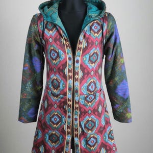 Trippy winter coat, Mandala Hooded Coat Colorful Padded Long Ethnic Design Made in Finland