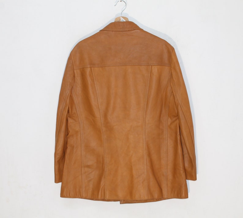 Vintage 70s Tan Safari Leather Jacket for Men - Genuine Brown Retro Outerwear, Size Medium