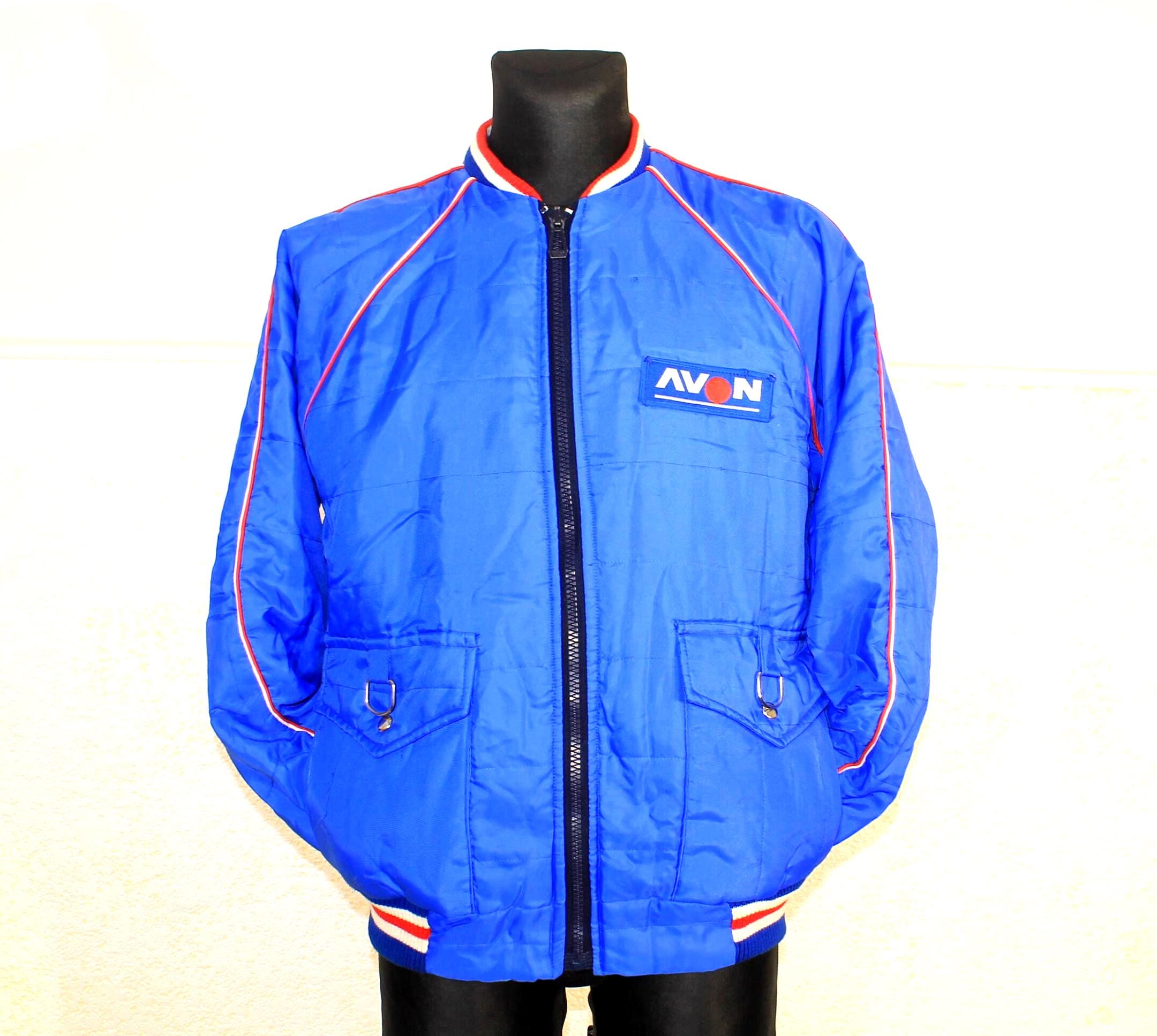 Vintage Bomber Jacket Navy Padded With Retro Patches, Medium Size