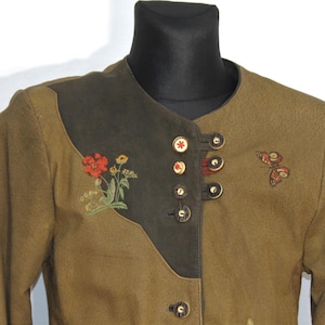 Embroidered Green Bavarian Dirndl Leather Jacket - Traditional Tyrolean Trachten Blazer for Women