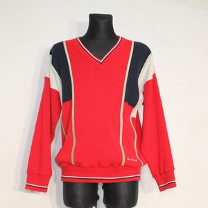 Vintage 80er Jahre britischer roter V-Ausschnitt-Pullover für Herren mit Lederbesatz, groß, hergestellt in England