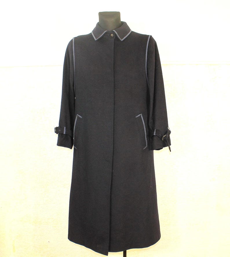 Vintage 80s Navy Wool Tyroler Loden Overcoat - Gothic Style Winter Trench for Women, Medium Size