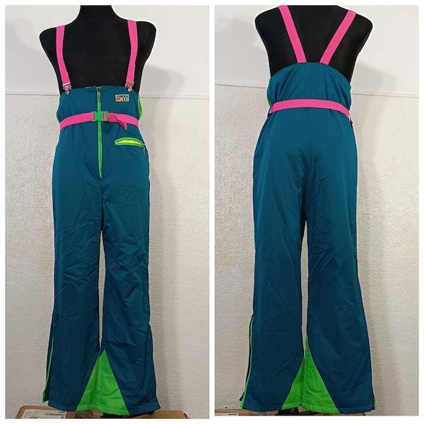 90s green Jumpsuit women, Ski Pants with Suspenders, Vintage Snow Trousers, Skiing Overall, Snow Suit Trousers, Neon ski pants women Medium