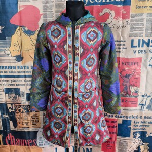 Hooded Coat Multicolored Mandala: Long Wool Padded Ethnic Women's Winter