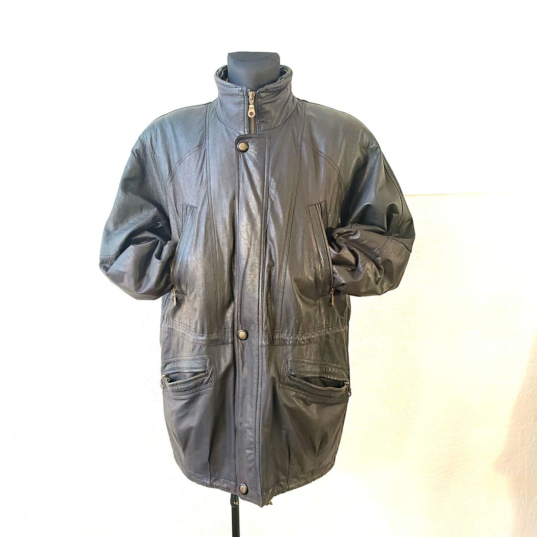 ジャケット・アウター 80's vintage leather long hoodie coat Vintage 80s Black Leather Trench Coat for Men Large Size - Etsy