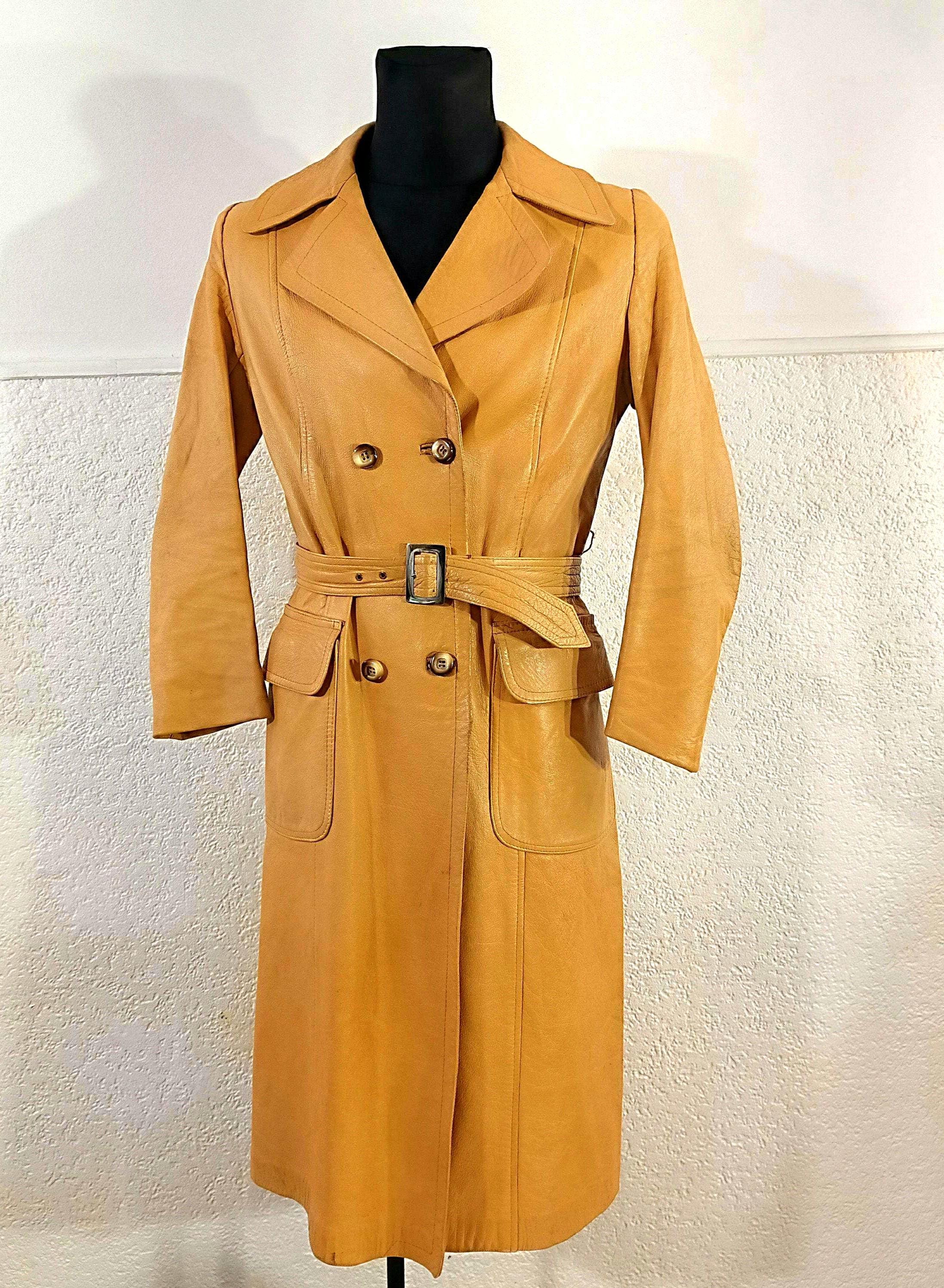 Vintage Tan Leather Trench Coat Size Medium With Belt and