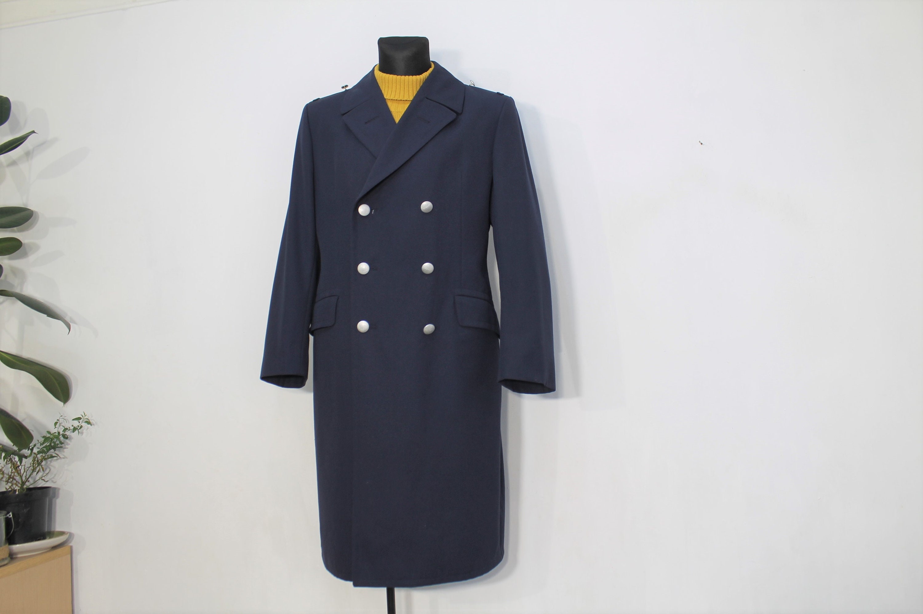 Genuine Swedish Army Coat Long Wool Overcoat Navy Greatcoat Surplus Military Trench Coat Double Breasted Tartan Liner Vintage Size Medium