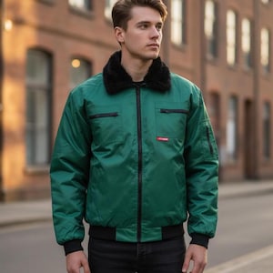 Green bomber jacket, workwear jacket detachable sleeves, sherpa lining and collar. Size Medium