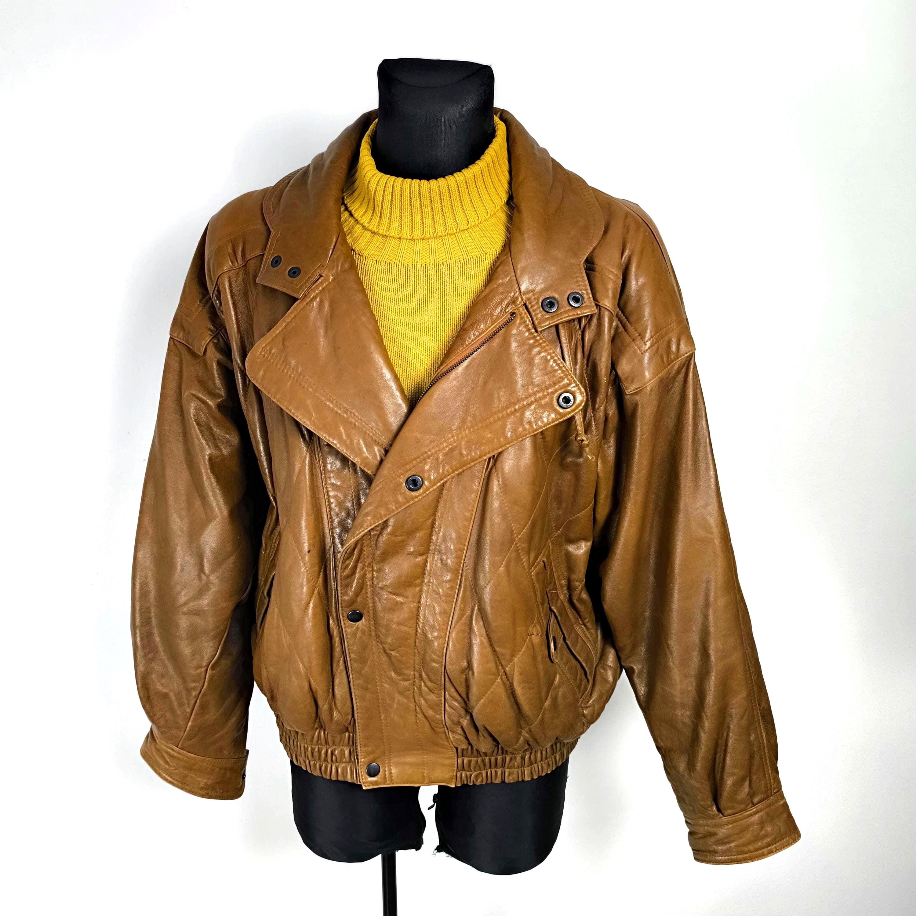 Leather Bomber Jacket Men Brown Caramel 80s - Medium Size With Zip
