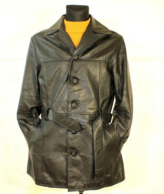 Vintage 70s Black Leather Detective Trench Coat | Medium